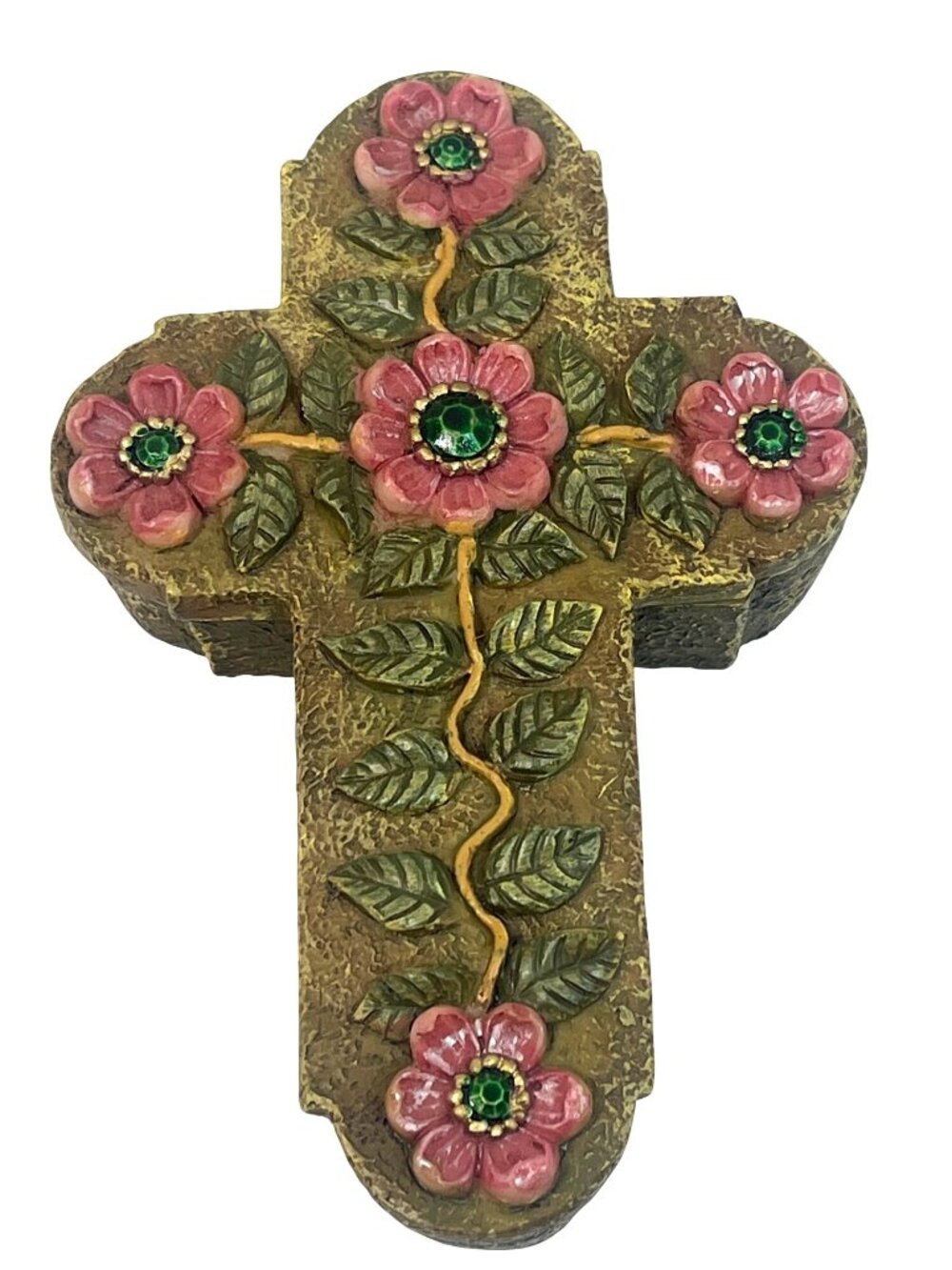 Floral Cross-Shaped Trinket Box With Pink Flowers & Green Leaves Textured Design